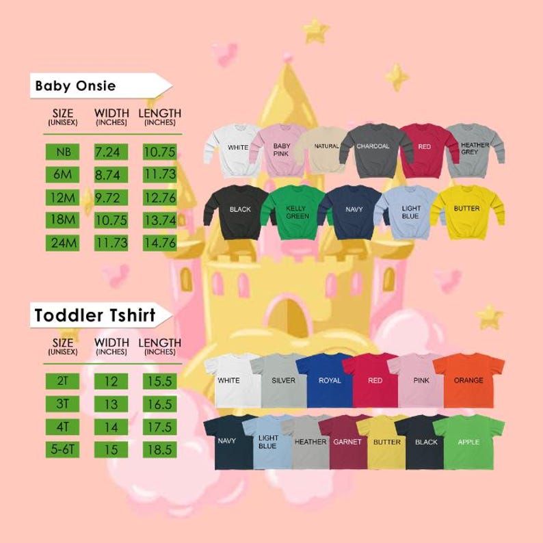The image is a colorful collage of various baby and toddler clothing items, including sizes, widths, and colors, along with a castle illustration.