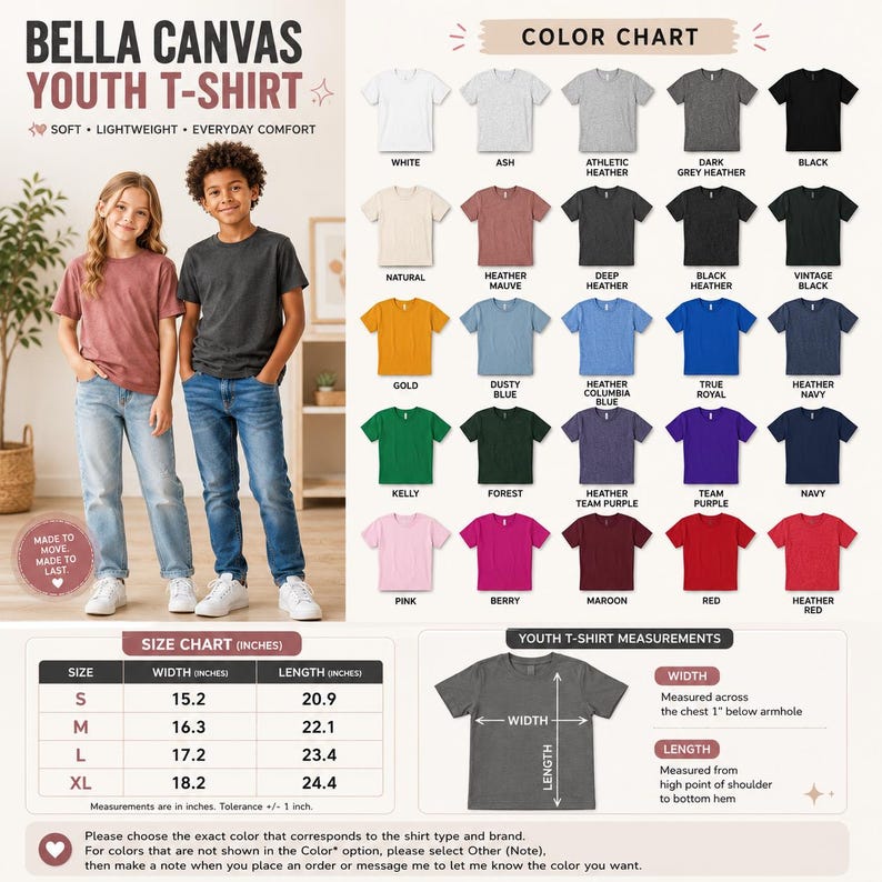 The image is a color chart for a youth t-shirt, displaying various color options and corresponding measurements. It includes a young girl and boy standing next to each other, posing for the chart. The chart provides a visual guide for choosing the correct color that matches the shirt type and brand, and it includes a size chart with measurements in inches and a description of the chart.