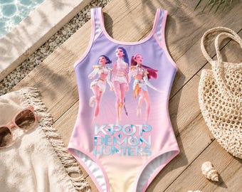 KPOP Demon Hunters Swimsuit, Girls One Piece Swimwear, Kpop Style Bathing Suit, Cute Idol Cartoon Swim, Summer Beach Outfit