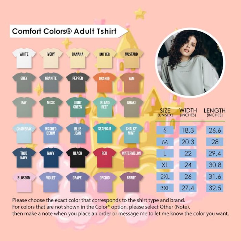 The image is a collage of various adult t-shirt colors and sizes, along with a photo of a woman wearing a gray sweater. The image includes a list of different t-shirt colors and sizes, as well as a photo of a woman wearing a gray sweater.