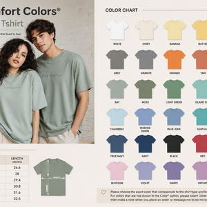 The image is a color chart for an adult t-shirt, featuring a man and a woman standing next to each other in front of a wall. The chart displays various color options for the t-shirt, including different shades of green, gray, and other colors. The chart also includes a size chart for the t-shirt, providing measurements for different sizes.