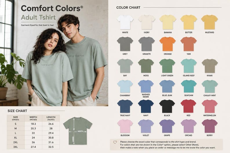 The image is a color chart for an adult t-shirt, featuring a man and a woman standing next to each other in front of a wall. The chart displays various color options for the t-shirt, including different shades of green, gray, and other colors. The chart also includes a size chart for the t-shirt, providing measurements for different sizes.
