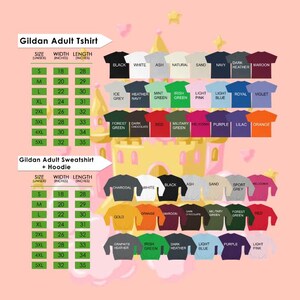 a collection of t-shirt designs and sizes, including adult t-shirts and sweatshirts, arranged in a visually appealing manner.
