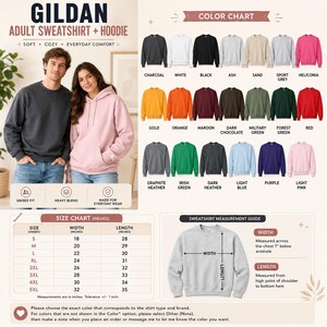 The image is a color chart for a GILDA adult sweatshirt and hoodie, featuring a man and a woman standing next to each other. The chart displays various color options and corresponding measurements, providing a visual guide for selecting the right size and color for the sweatshirt.