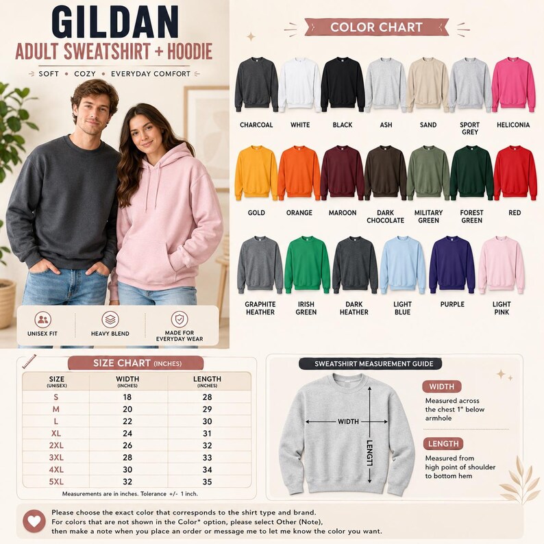 The image is a color chart for a GILDA adult sweatshirt and hoodie, featuring a man and a woman standing next to each other. The chart displays various color options and corresponding measurements, providing a visual guide for selecting the right size and color for the sweatshirt.
