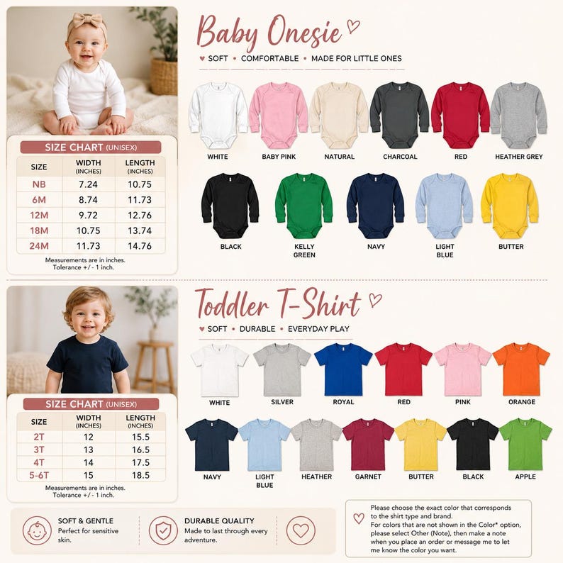 The image is a collage of two photos: one showing a baby wearing a white onesie and the other showing a toddler wearing a gray t-shirt. The collage includes size charts for baby onesies and toddler t-shirts, along with color options and descriptions of the clothing items.