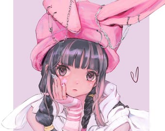 May include: An anime-style illustration of a person with dark hair and pink highlights, wearing a large pink hat with attached chains and safety pins. The person is wearing a white top and pink striped arm warmers, with a heart drawn in the corner.