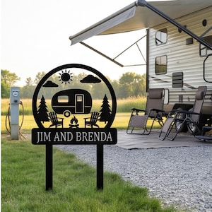 Happy Campers Yard Sign, Camping Sign , RV Decor, Metal Yard Sign, Family Name Gift, Personalized Campsite Flag