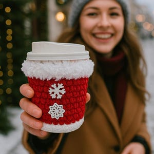 May include: A red and white crocheted coffee cup cozy with snowflake embellishments. The cozy is wrapped around a white disposable coffee cup with a lid. The cozy has a white fluffy trim around the top and bottom.