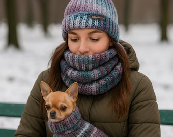 Bijpassende set voor hond en baasje – hondenoutfit met muts en sjaal voor de baas, verjaardagsoutfit, puppycadeau, cadeau voor dierenliefhebber