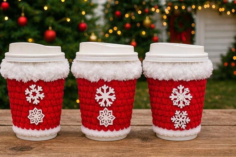 May include: Three white disposable coffee cups with lids, each adorned with a red crocheted cozy. The cozies have white faux fur trim and white snowflake appliqu&eacute;s. The cups are arranged on a wooden surface with a Christmas tree background.