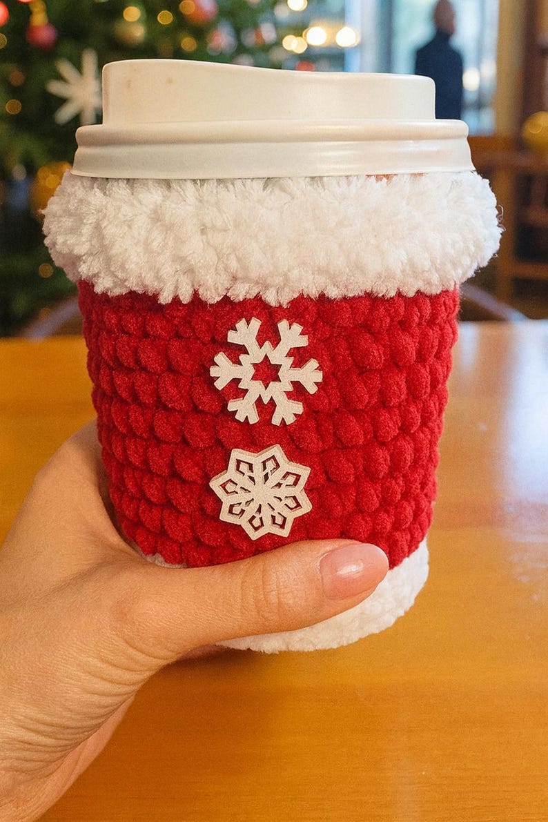 May include: A red crocheted coffee cup cozy with white snowflake appliqu&eacute;s. The cozy has a white fluffy trim at the top and bottom, and is designed to fit a standard coffee cup. A festive and decorative item.