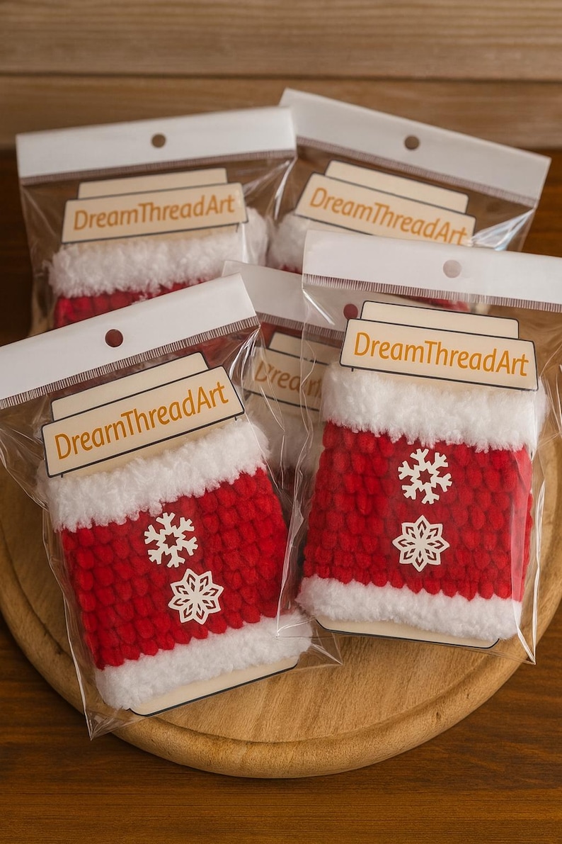 May include: Several Christmas-themed ornaments in clear plastic packaging. The ornaments are red with white trim and snowflake designs. Each package has a label that reads "DreamThreadArt".
