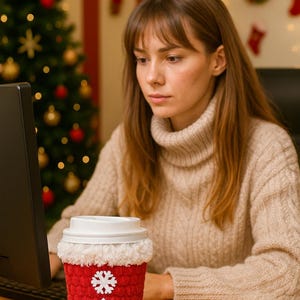 May include: A red and white knitted coffee cup cozy with snowflake designs. The cozy is wrapped around a white coffee cup with a lid. The cozy is on a desk in front of a person wearing a beige sweater.