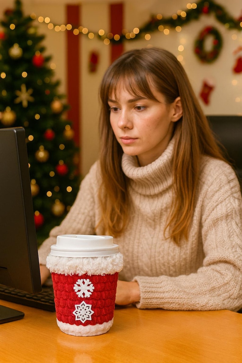 May include: A red and white knitted coffee cup cozy with snowflake designs. The cozy is wrapped around a white coffee cup with a lid. The cozy is on a desk in front of a person wearing a beige sweater.
