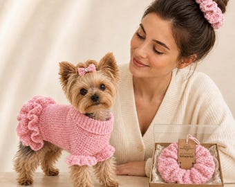 Bijpassende set voor hond en baasje, handgemaakte hondentrui en haarelastiek, kleding voor kleine honden, trui voor Yorkshire terriër, kleding voor Chihuahua's, cadeau voor hondenmoeder