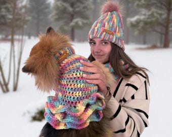 Bijpassende set voor huisdier en baasje – hondentrui met muts en sjaal voor de baasjesmoeder. Verjaardagsoutfit, puppycadeau, Valentijnsdagkleding voor honden, cadeau voor dierenliefhebbers.