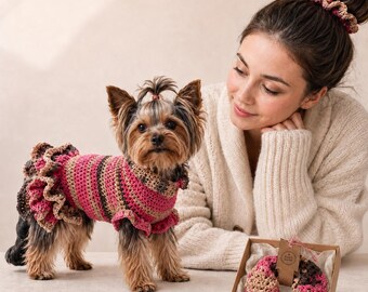 Bijpassende set voor hond en baasje, handgemaakte hondentrui en haarelastiek, kleding voor kleine honden, trui voor Yorkshire terriër, kleding voor Chihuahua's, cadeau voor hondenmoeder