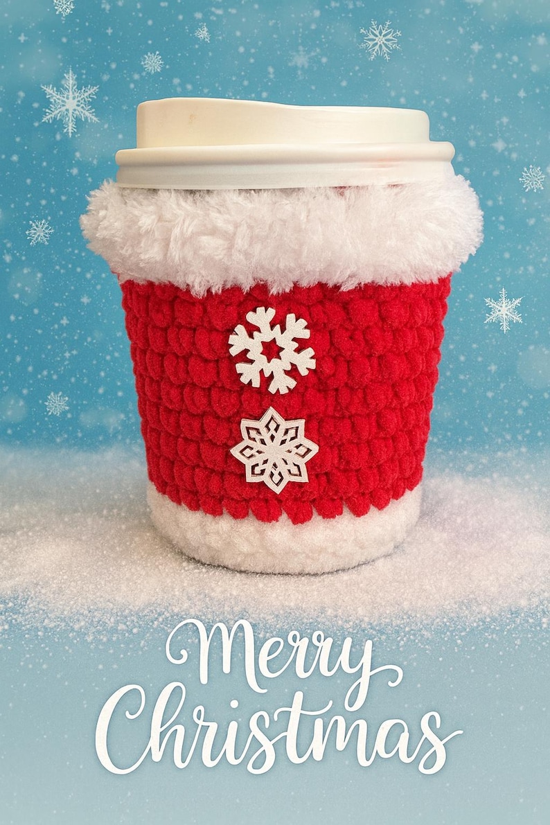 May include: A red and white crocheted coffee cup cozy with snowflake embellishments. The cozy is wrapped around a white coffee cup with a lid. The words "Merry Christmas" are written in white script on a blue background.