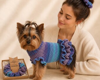 Bijpassende set voor hond en baasje, handgemaakte hondentrui en haarelastiek, kleding voor kleine honden, trui voor Yorkshire terriër, kleding voor Chihuahua's, cadeau voor hondenmoeder
