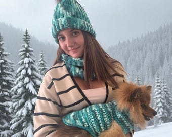 Bijpassende set voor hond en baasje – hondenoutfit met muts en sjaal voor de baas. Verjaardagsoutfit, puppycadeau, Valentijnsdagkleding voor honden, cadeau voor dierenliefhebbers.