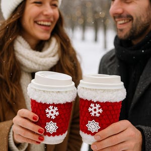 May include: Two red knitted coffee cup sleeves with white snowflake designs. The sleeves have a white fluffy trim and are on white coffee cups with white lids. The image shows two people holding the cups.