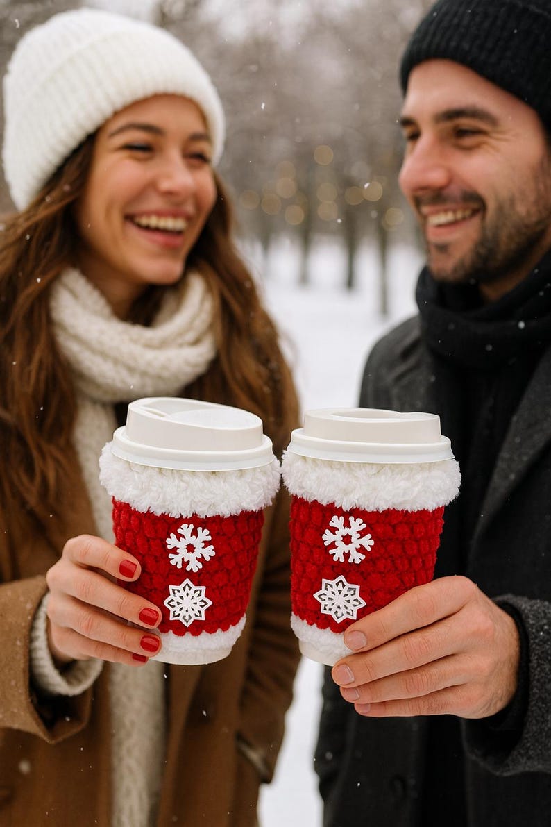 May include: Two red knitted coffee cup sleeves with white snowflake designs. The sleeves have a white fluffy trim and are on white coffee cups with white lids. The image shows two people holding the cups.