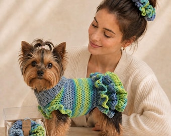 Bijpassende set voor hond en baasje, handgemaakte hondentrui en haarelastiek, kleding voor kleine honden, trui voor Yorkshire terriër, kleding voor Chihuahua's, cadeau voor hondenmoeder