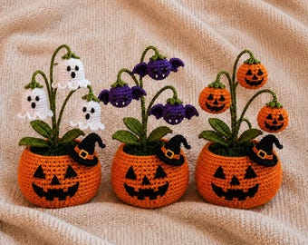 Dekoracje na Halloween szydełkowe, doniczka z dynią-nietoperzem, upiorna dekoracja biurka, ręcznie robiony prezent na Halloween, dynia amigurumi