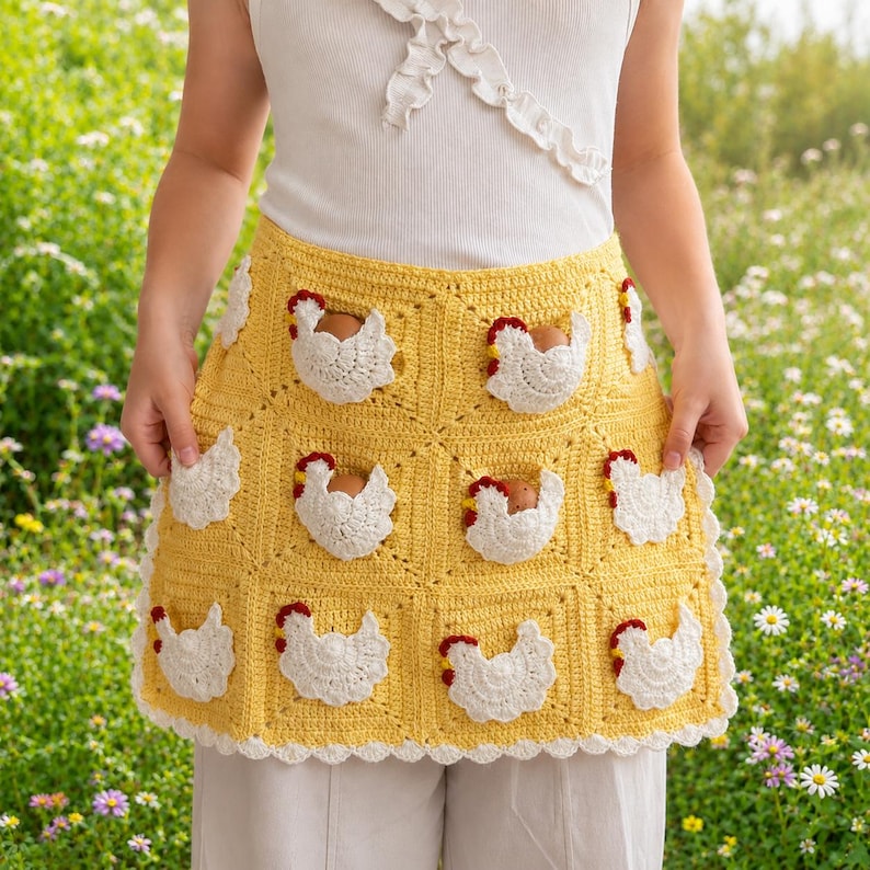 May include: A yellow crochet apron featuring a grid of square panels, each adorned with a white chicken motif with a red comb. Several of the chicken-shaped pockets contain brown eggs. The apron has a scalloped white border along the bottom edge.