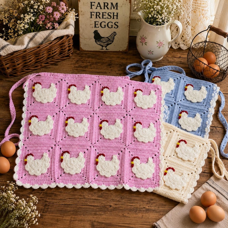 May include: Three square crochet potholders in pink, blue, and cream, each featuring a grid of white chicken appliqu&eacute;s with red combs. The potholders have scalloped edges and attached hanging loops, displayed alongside brown eggs and floral decor.