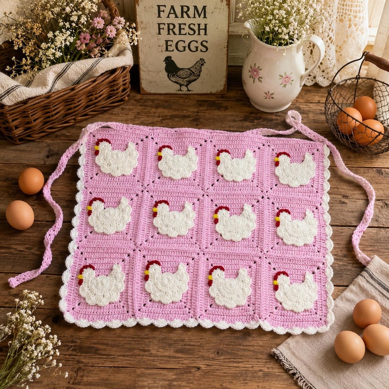 May include: A square crochet apron featuring a light pink base with a grid of twelve white chicken motifs. Each chicken has a red comb and yellow beak. The apron is finished with a scalloped white border and long pink ties on each side.