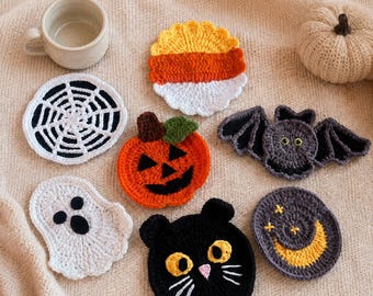 Szydełkowe podstawki pod kubki na Halloween, ręcznie robione, upiorne podkładki pod kubki, podstawki pod kubki z dyniowym duchem i okiem nietoperza, urocze dekoracje stołu na Halloween, bawełniana podkładka pod kubek