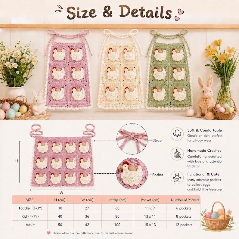 May include: Three crochet egg gathering aprons in pink, cream, and sage green, each featuring white chicken-shaped pockets. The image includes a size chart with measurements in cm, detailing dimensions for toddler, kid, and adult versions.
