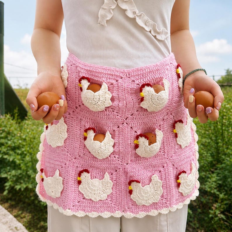 May include: A light pink crochet apron featuring multiple white chicken-shaped pockets with red combs. Each pocket is designed to hold a brown egg. The apron has a scalloped white border and is worn over a white top and light-colored trousers.
