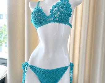 Ręcznie robiony na szydełku komplet bikini, strój plażowy w stylu boho, szydełkowy komplet bikini i spódnica, letni strój kąpielowy, narzutka na wakacje