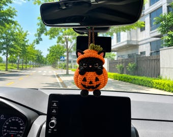Szydełkowa zawieszka do samochodu w kształcie ducha, zawieszka na lusterko samochodowe na Halloween, ręcznie robiona ozdoba z motywem ducha amigurumi, uroczy upiorny wystrój samochodu, prezent na Halloween dla niej