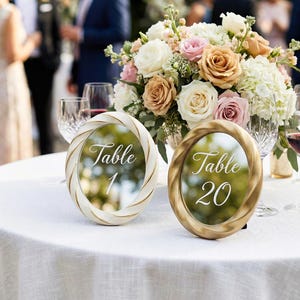 Vintage Oval Spiegel Hochzeit Tischnummer Frames | Gold & Weiß Twisted Frame, anpassbare Tischschilder für das Empfangsdekor, Set von 1-30