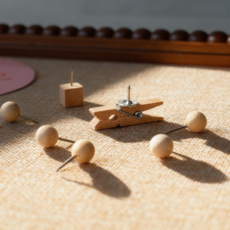 May include: A selection of wooden push pins and a clothes peg with metal tacks. The pins have different shapes, including a cube and spherical heads. The items are arranged on a textured, beige surface, with a wooden frame in the background.
