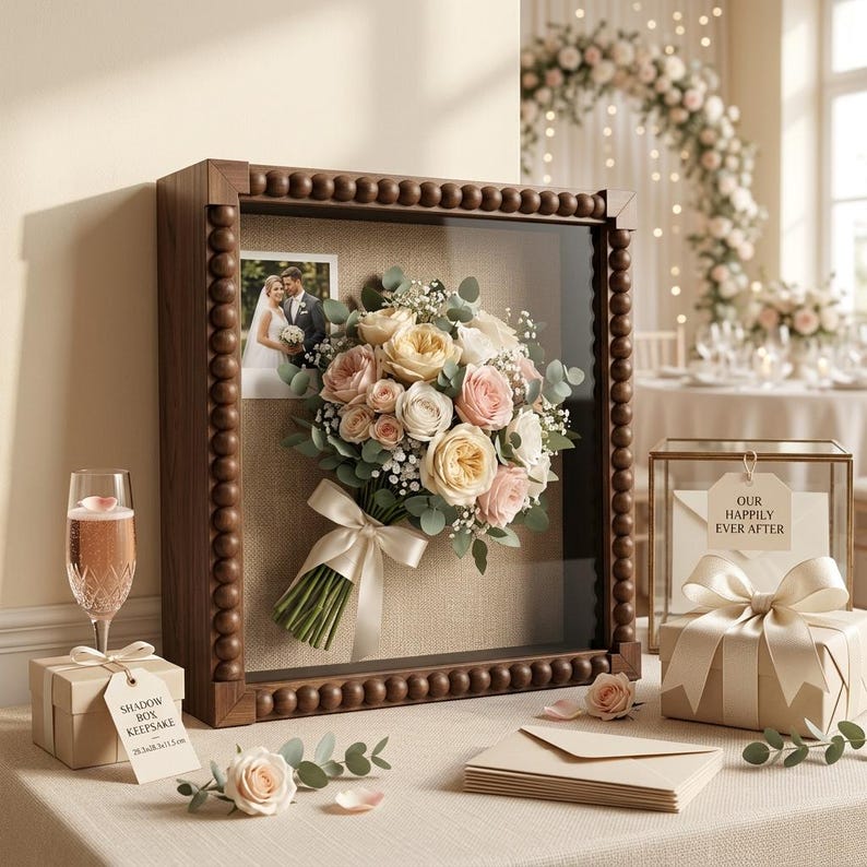 May include: A square wooden shadow box frame with a beaded border containing a preserved wedding bouquet of cream and pink roses, eucalyptus, and baby's breath, displayed alongside a photograph of a couple in wedding attire.