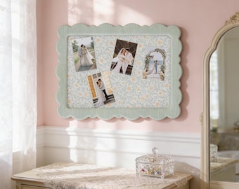 Sage Green Scalloped Pinboard | Fabric Memo Board with Vintage Floral Pattern | Wavy Photo Display Frame | Aesthetic Vision Board