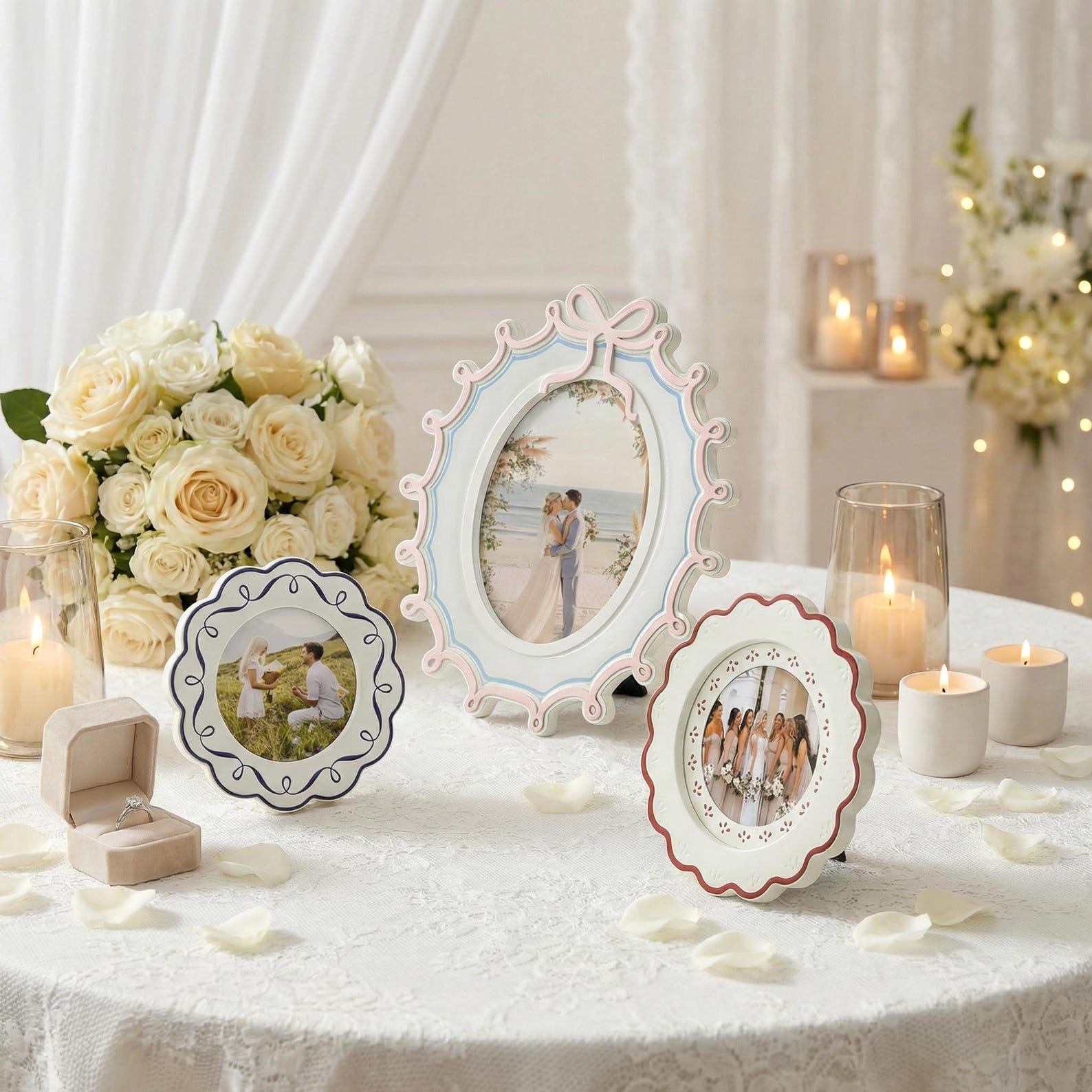 Vintage Floral 4x4/5x5/5x7 Picture Frames, Unique Handcrafted Scalloped Photo Frames Gift for Her, Mother’s Day Gift - Set of 3 Pcs