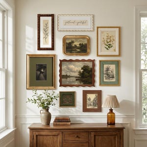 May include: A gallery wall arrangement featuring nine framed artworks, including landscape paintings, botanical sketches, and a sign reading "gathered + grateful." A ceramic vase with greenery and a lamp with an amber base sit below.