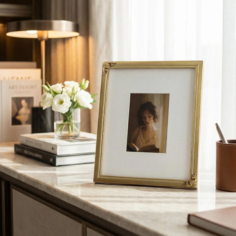 Puede incluir: Un marco de fotos rectangular dorado con detalles ornamentados en las esquinas. El marco contiene una fotograf&iacute;a de una mujer leyendo. El marco se exhibe sobre una superficie similar al m&aacute;rmol, junto a libros y un jarr&oacute;n con flores blancas.