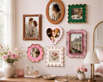 Juego de 7 marcos de fotos para pared, marco vintage ovalado y con forma de corazón festoneado, marcos de madera con estampado floral rosa para la decoración de la habitación, regalo para ella.