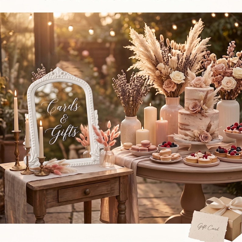 May include: A white ornate arched mirror with the text Cards & Gifts printed in white script. The mirror sits on a wooden table next to two gold candlesticks with lit candles and a small glass vase containing dried pink floral stems.