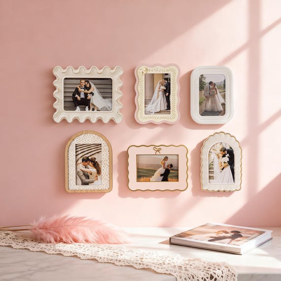 6 Piece Multi Gallery Wall Picture Frame Set, Ivory & Blush 4x6 Wavy Photo Frame, Vintage Style Family Frame, Bridal Shower Gift