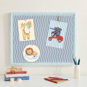 Light Blue Beaded Bulletin Board, Wavy Pattern Fabric Message Board with Push Pins for Nursery Photo,  Wedding Keepsake or Home Office