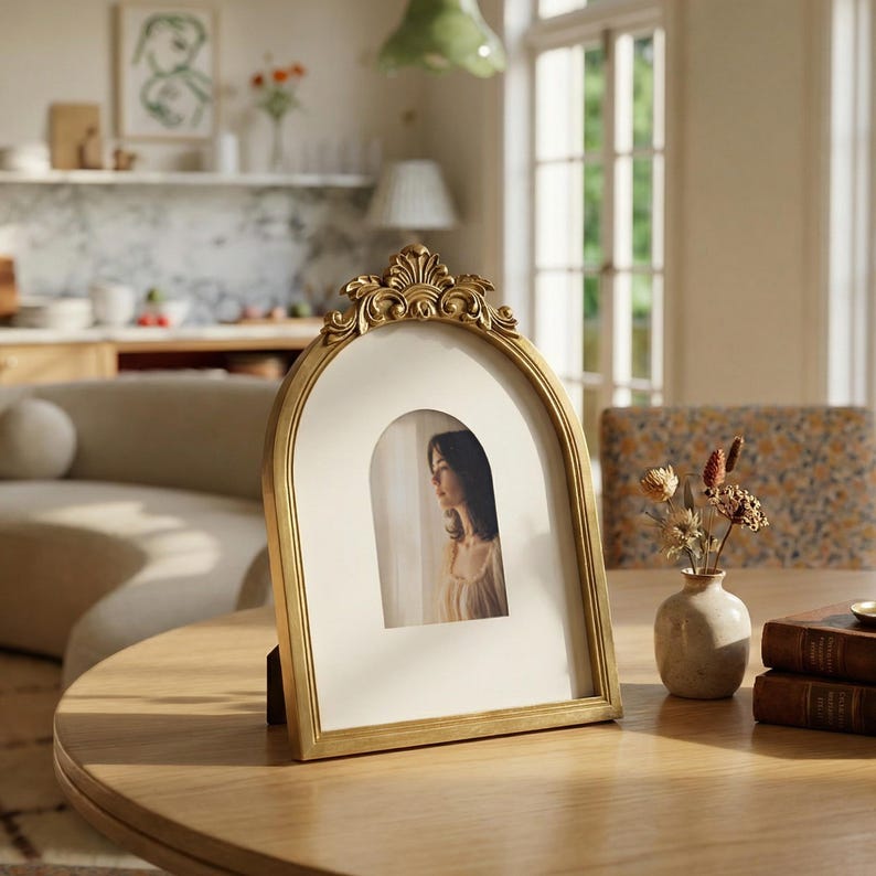 Puede incluir: Un marco de fotos dorado en forma de arco con detalles ornamentados. El marco contiene una fotograf&iacute;a de una persona mirando por una ventana. Se exhibe sobre una mesa de madera, con un peque&ntilde;o jarr&oacute;n de flores secas y libros cerca.