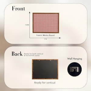 May include: A fabric memo board with a brown wooden frame. The front features a pink and white checkered pattern. The board is 13 inches high and 17 inches wide. The back is ready for vertical and horizontal stand and wall hanging.